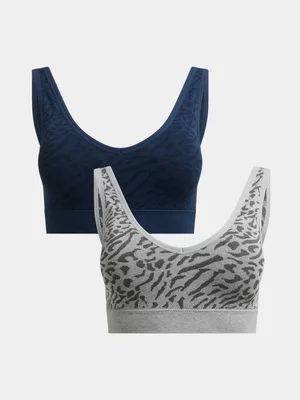 Jet Women's 2Pk Grey Melange Navy Animal Bra