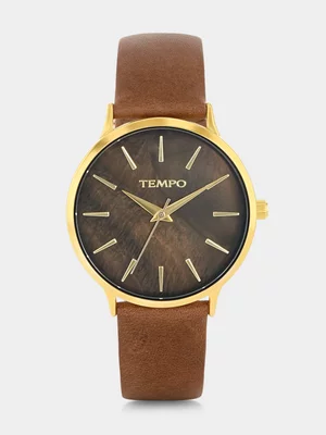 Tempo Gold Plated Taupe Mother Of Pearl Dial Brown Leather Watch 
