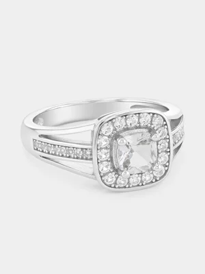 Sterling Silver Created Sapphire Cushion Halo Split Ring  