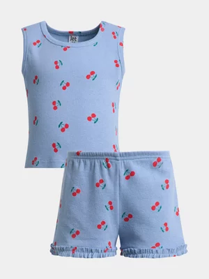 Jet Younger Girls Blue Cherry Print Rib Short PJ Set