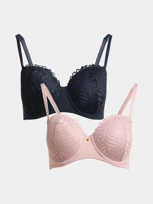 Jet Women's 2 Pack Pink Navy Lace Balc Bra