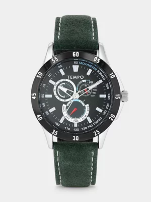 Tempo Black Plated Green Dial Green Leather Watch 