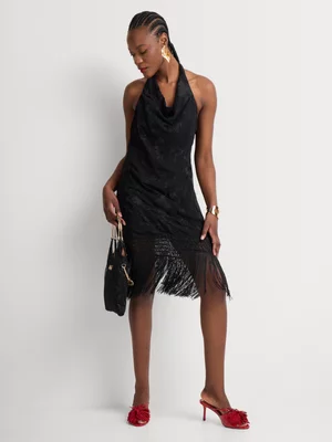 Embroidered Cowl Neck Fringe Column Dress